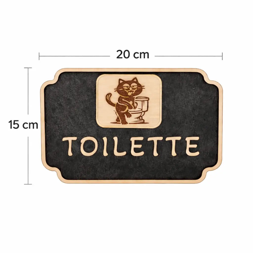 Plaque de porte WC en bois gravé avec chat humoristique, panneau toilette décoratif en contreplaqué de bouleau avec dimensions 20 x 15 cm.