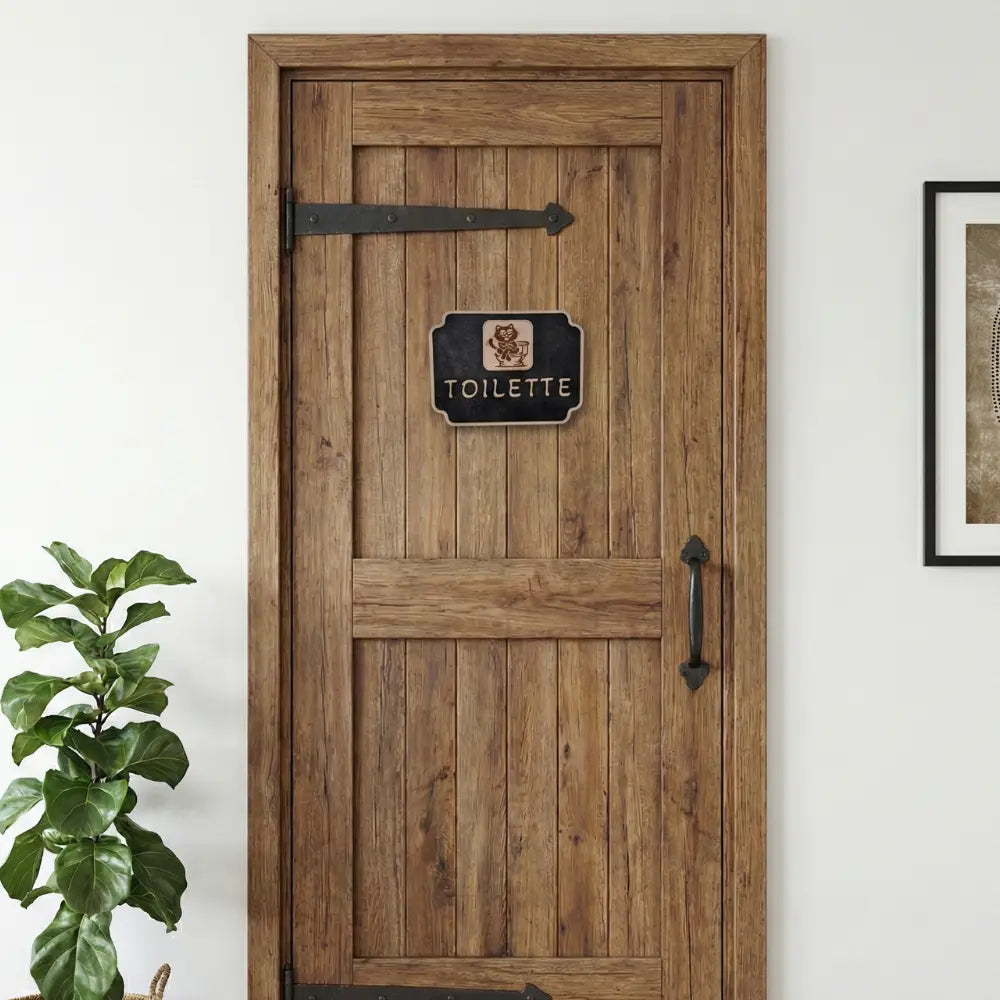 Plaque WC en bois gravé avec chat installée sur une porte en bois rustique, panneau toilette décoratif humoristique fabriqué en gravure laser.