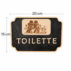 Panneau de porte WC bois gravé couple et chien curieux avec dimensions 20 x 15 cm, plaque toilette décorative en bois.