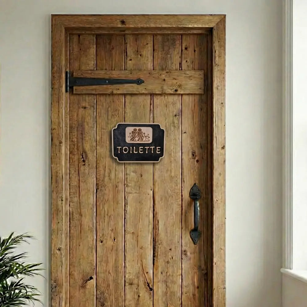 Panneau de porte WC bois gravé installé sur une porte en bois, plaque toilette décorative humoristique avec couple et chien.